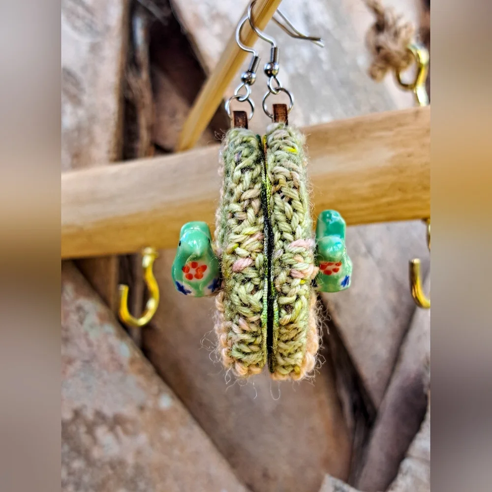 Green Knit Hexagon Earrings with Hand Embroidery Elements and a Bird-Shaped Bead - Picture 13 of 16